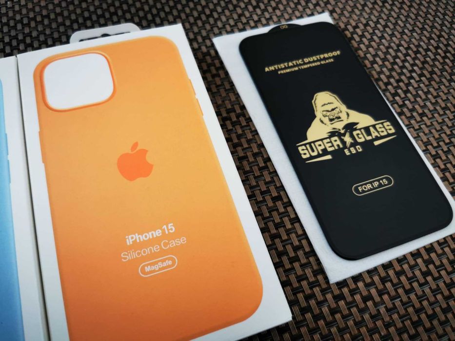 Set husa protectie silicon + folie sticla ecran pt Apple iPhone 15