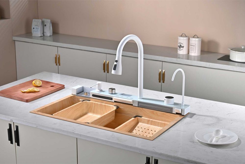 Дъб натур - Мултифункционална кухненска мивка с двоен водопад
