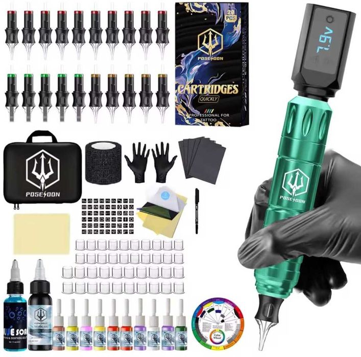 Kit de tatuat profesional complet, aparat Pen, Tus, Geanta transport