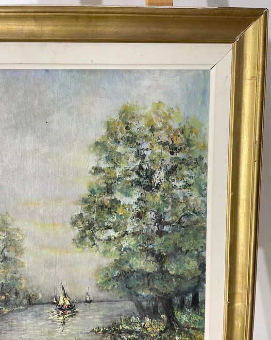 Tablou Original, Peisaj Fluvial cu Vele, Semnat, Ulei pe Pânză