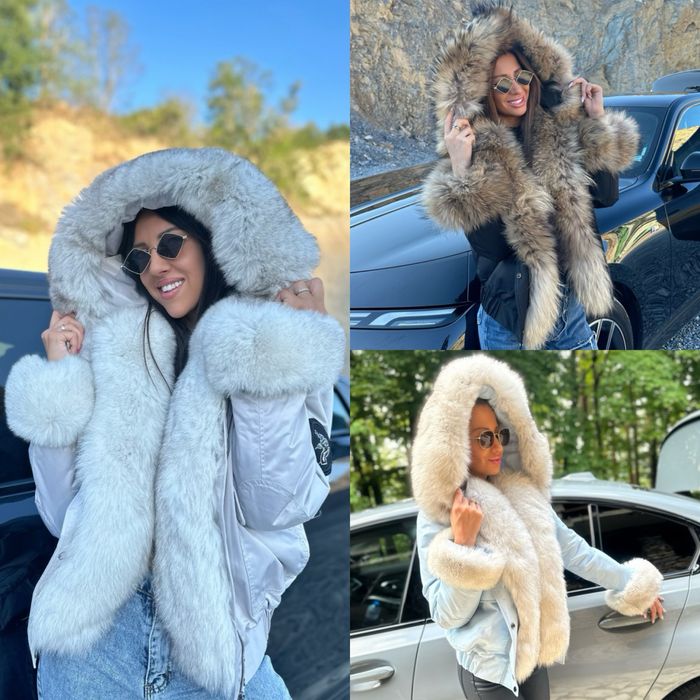 Луксозна парка яке палто от естествен косъм лисица ракун