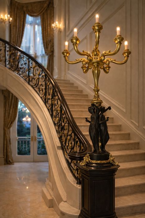 Lampa veche  Trei Gratii statueta metal si lemn -cap de scara