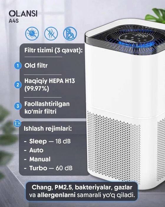 Очиститель воздуха OLANSI A4S 30м², 280 м³/час, оригинальный