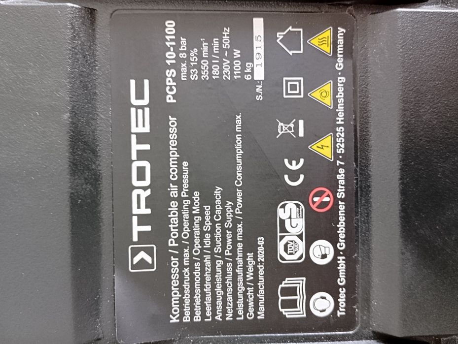 Безмаслен преносим компресор Trotec - PCPS 10-1100, 1100W, 8 бара, 180 l/min