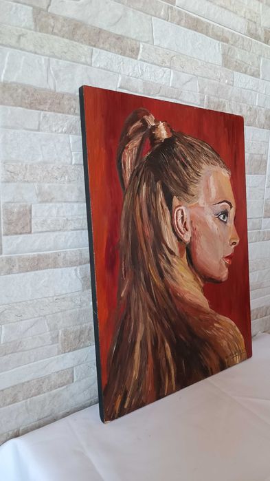 Стара картина "Огнена жена" - масло върху дърво - W. van oevelen '70 - 42/30см
