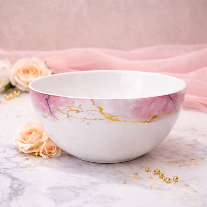 Set serviciu masa opal 32 piese, 6 persoane, alb cu model marmura roz si detalii aurii, farfurii si cesti incluse, model ONIX