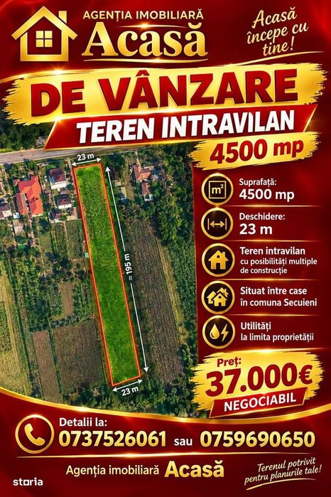 De vanzare teren 4500mp cu deschidere 23m in comuna Secuieni 37000euro