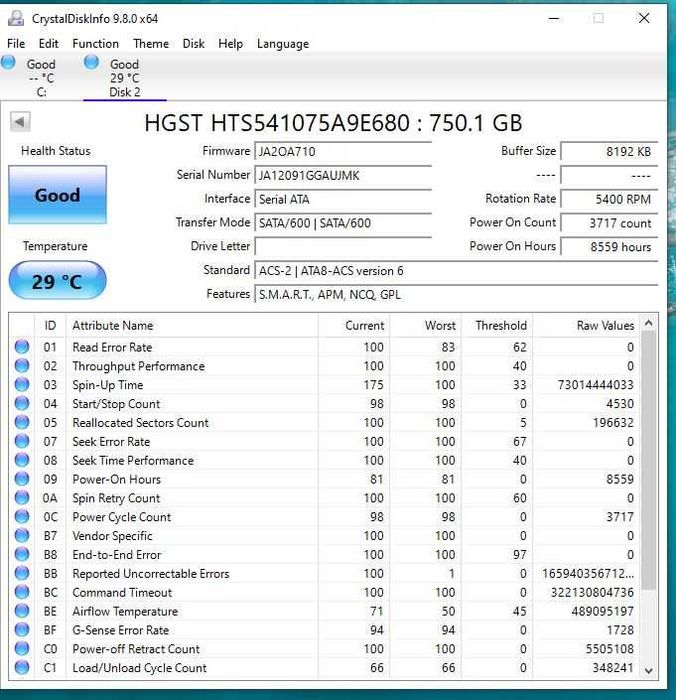 Hitachi HGST 750GB 5400RPM SATA 2.5" HDD Laptop