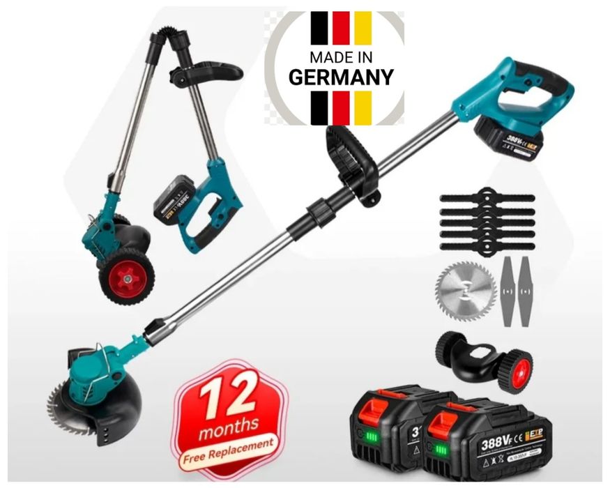 Акумулаторен тример за трева-храсторез с добавени колела и 2 батерии