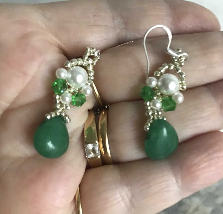 Colier si cercei handmade cu perle,cristale verzi,argint si amazonit