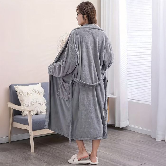 Дамски хотелски халат, класически, удобен, топъл, с връзки, мек, сив