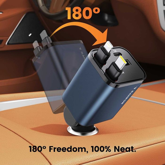 Încărcător auto 65W 4 în 1 cu cabluri retractabile Rampow