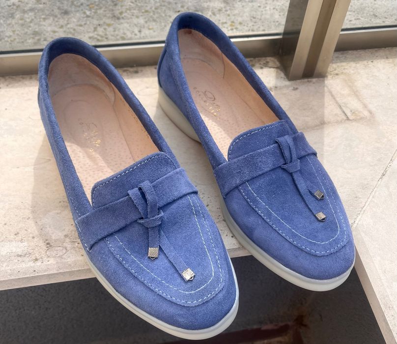 Дамски сини мокасини от естествен велур / Жіночі сині лофери замша