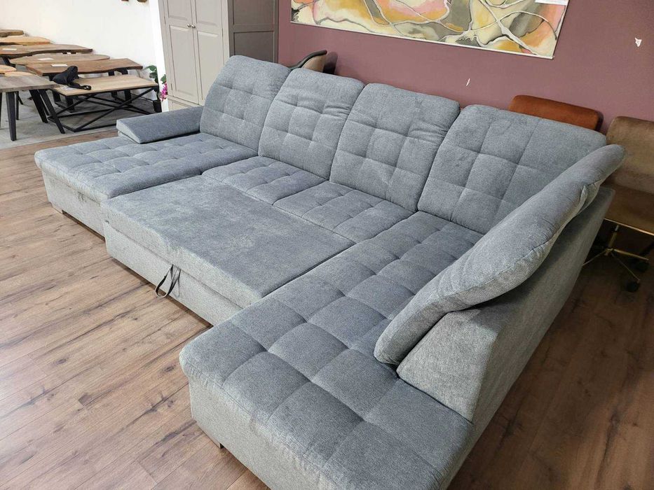 Светло сив П - образен ъглов диван Nixon с функция сън