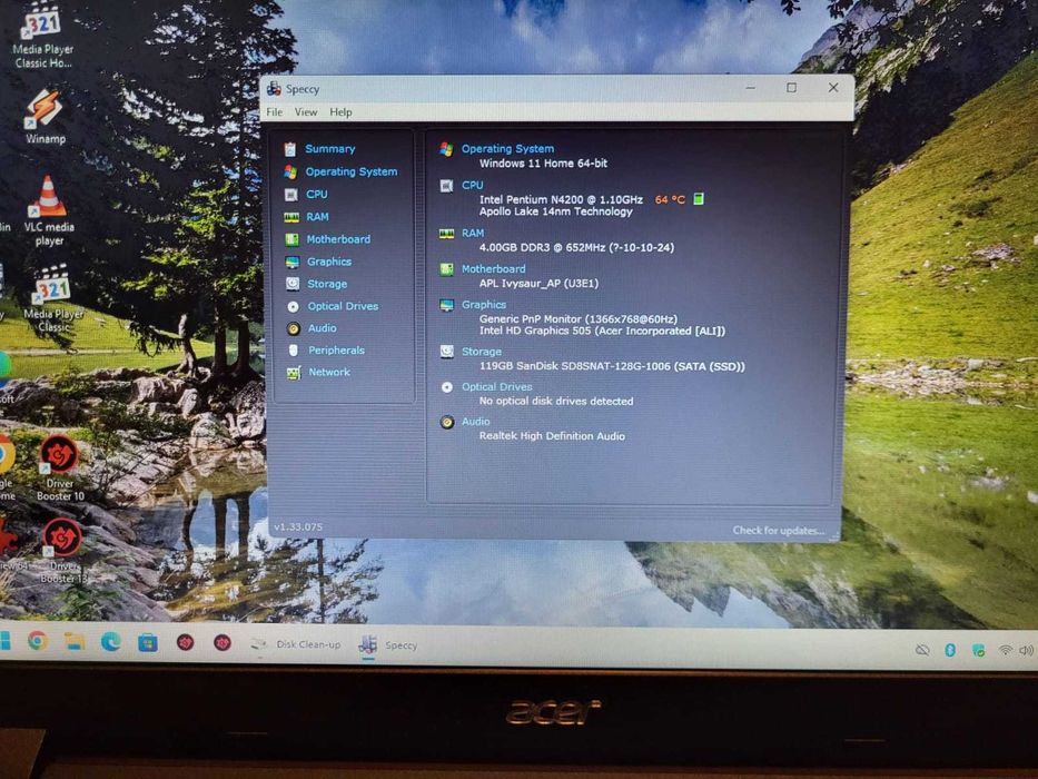 Acer Aspire A315-31-P49T 15.6" CPU Intel Pentium N4200 2.5GHz 4Gb DDR3 SSD 128Gb M2.Sata