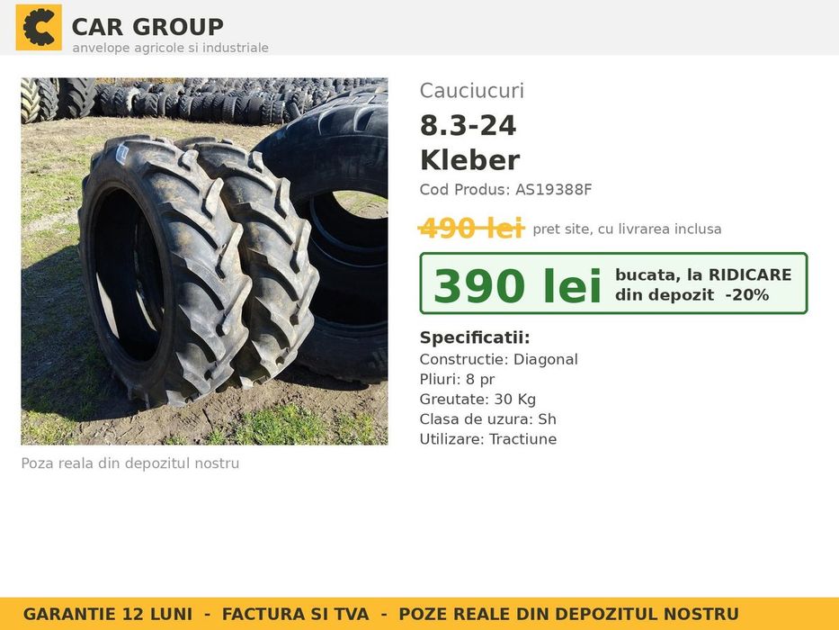 Cauciucuri Anvelope 8.3-24 8.3R24 8.3 24 8R24 8324 Kleber Prasitoare Tractor Roti Inguste Utilaje Agricole SH Second Hand FACTURA TVA Garantie 1 An