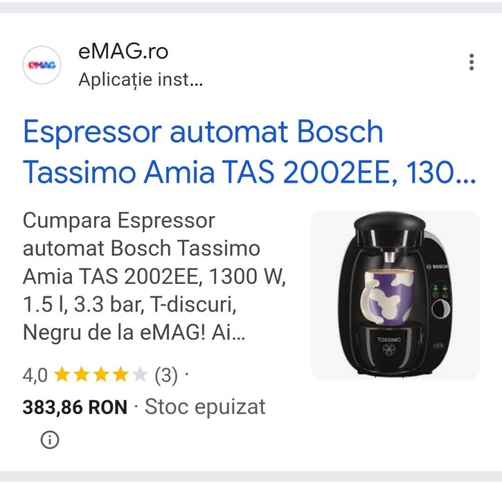 Espressor automat Bosch Tassimo Amia TAS 2002EE, 1300 W, 1.5 l, 3.3 ba