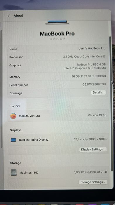 MacBook Pro 15,4" i7 3.1GHz / 16GB RAM / 2TB SSD / Radeon 4GB