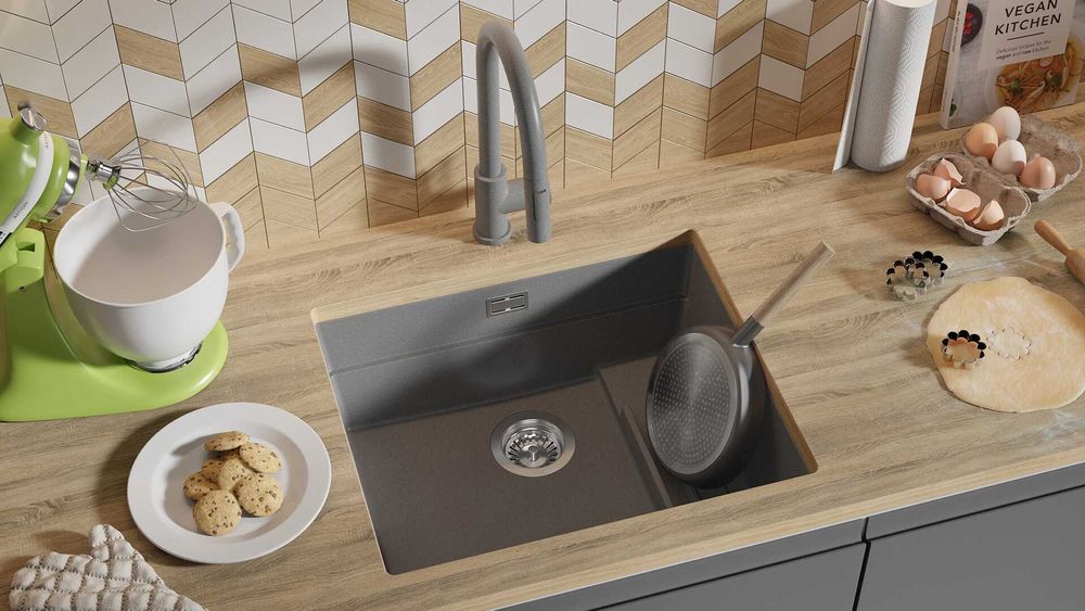 Сив гранитна мивка за вграждане под плот Прага 60 Level 560 x 470 мм