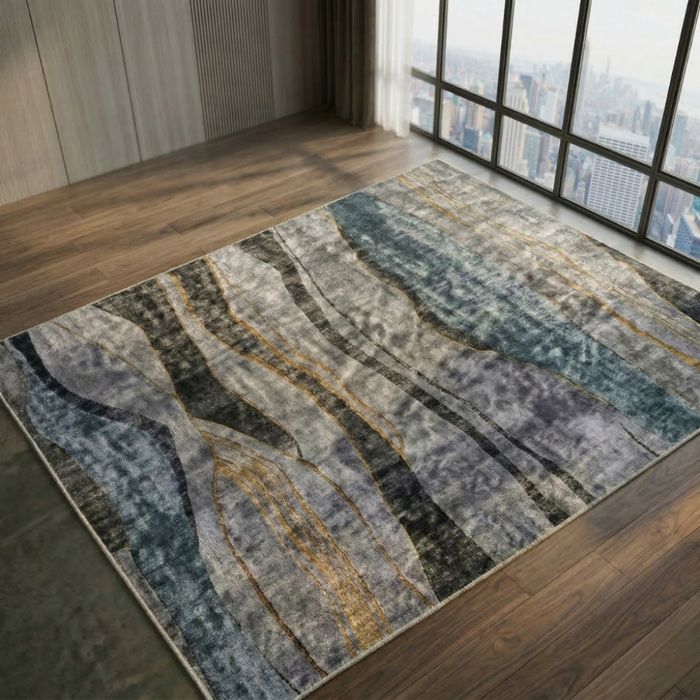 Модерен килим за хол 120х160см - Геометрично сиво със жълт квадрат и 3