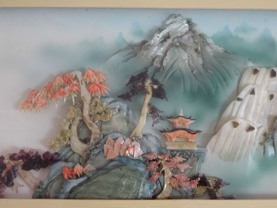 Tablou Asiatic vechi, cu Scoica sculptata manual - DEOSEBIT