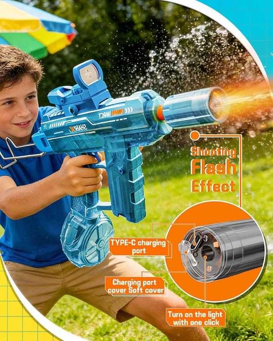 Pistol cu ​​apă electric (cu acumulator), pistol cu ​​apă automat cu lumini LED, rază de acțiune 6-8 m, Model UZI