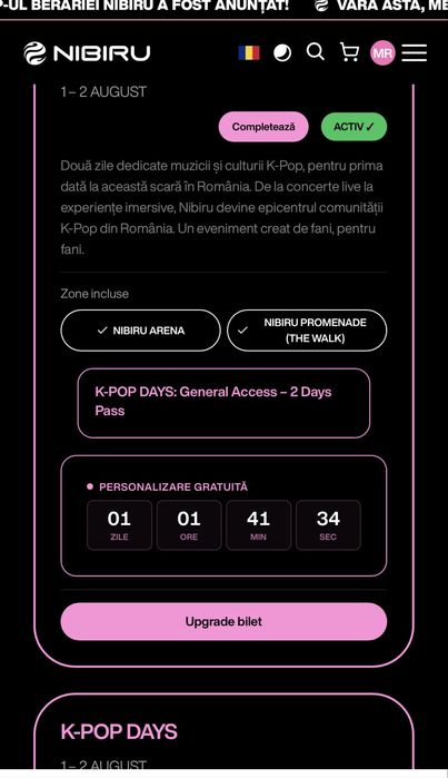 3x Bilet Nibiru K-Pop Days General Acces 1-2 August 300 lei/bilet
