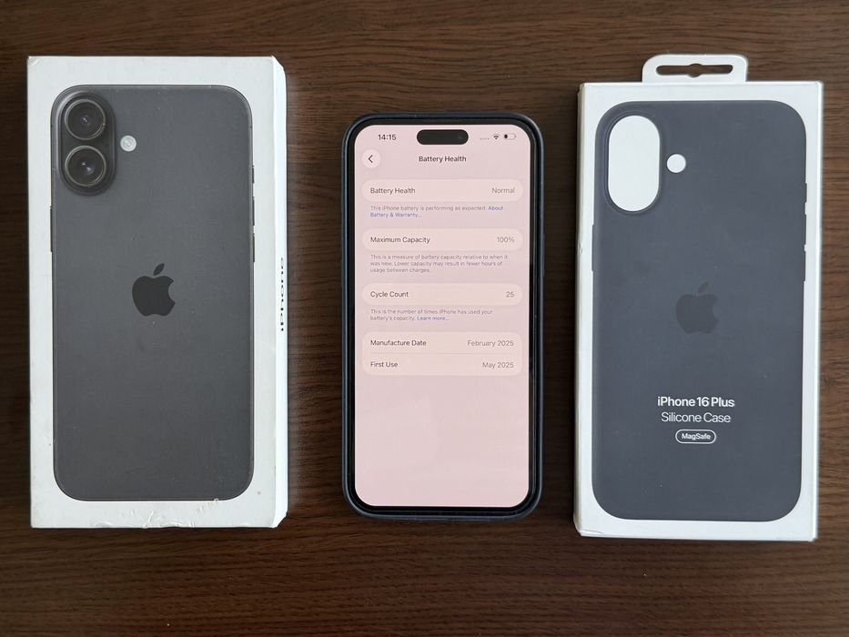 iPhone 16 Plus 128 Black 100% Батерия с оригинален Apple Magsafe Silicone Case