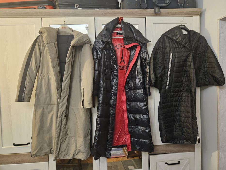 Пуховики, плащ, вечернее платье