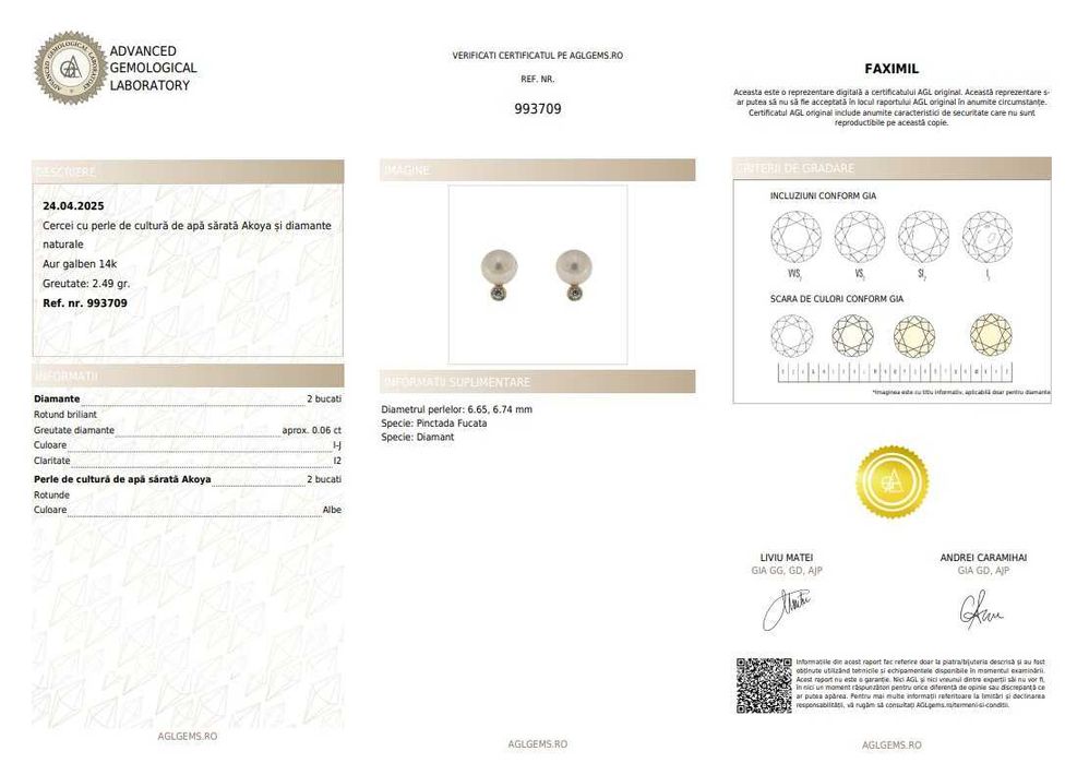 Pereche de cercei din aur galben, decorată cu perle Akoya și diamante