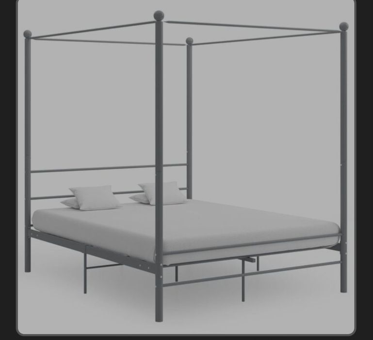 Vand cadru de pat cu baldachin metalic gri 160×200 cm si saltea