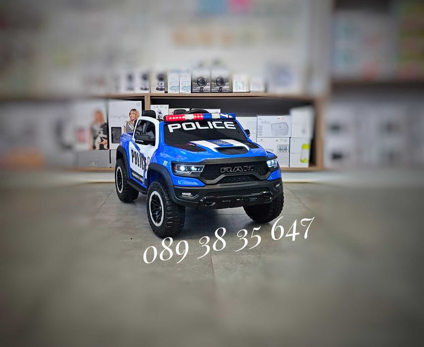 ТОП ЦЕНАНОВО!Акумулаторен джип RAM POLICE BLUE с 12V батерия,EVA гуми,сигнални светлини,,USB,дистанционно