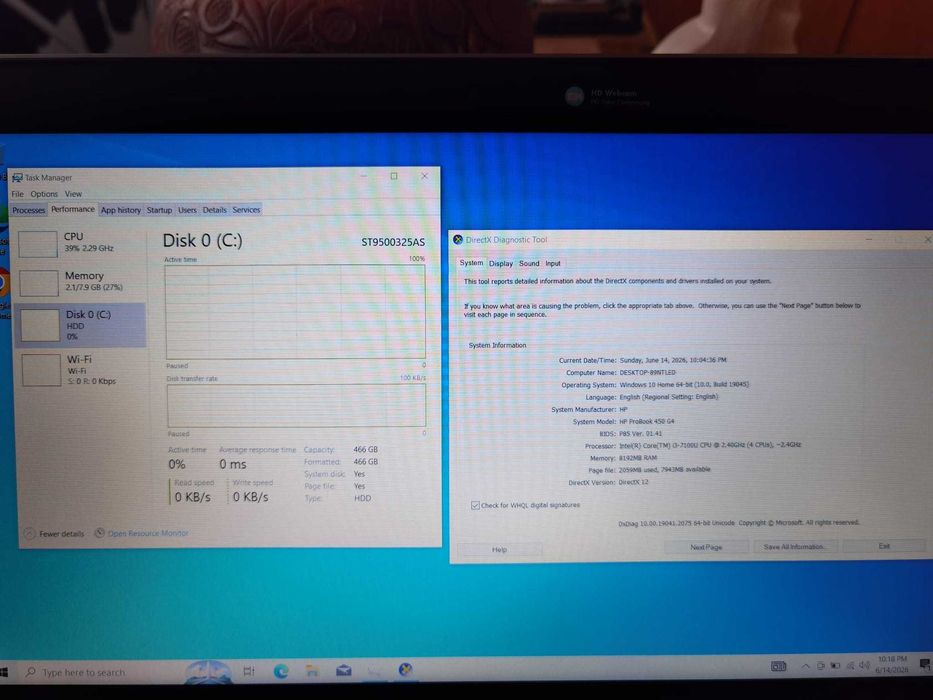 Laptop HP ProBook 450 G4, 8gb ram +1 slot liber, 512 gb HDD + slot M2, baterie buna