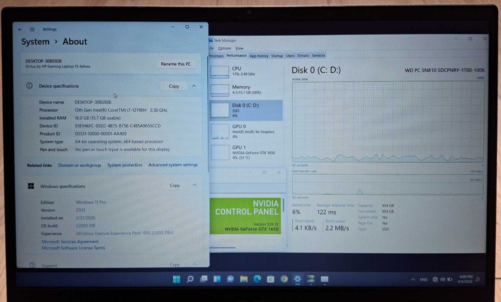 15.6' IPS HP Victus Ryzen i7-12700H/NVIDIA 1650 4GB GDDR6/16GB/1TB/Бат.5ч.