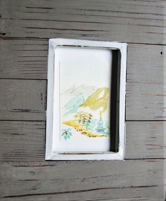 Set 2 mini-acuarele cu peisaje din Tibet în rame din lemn patinate gri