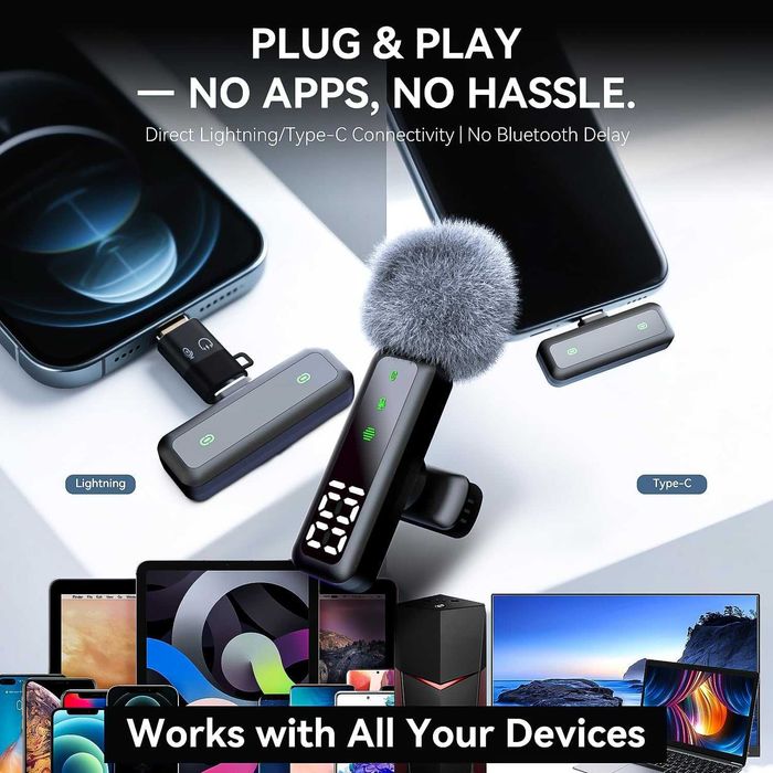 Безжичен микрофон брошка с LED дисплей – Shiny Black, 7 часа батерия