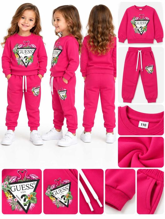 Детски комплект с щампа GUESS, циклама блуза и циклама долнище памучно, 1-6 години