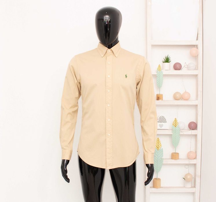 Ralph Lauren оригинална мъжка риза бежова зелено лого Slim Fit Feather Weight Twill S