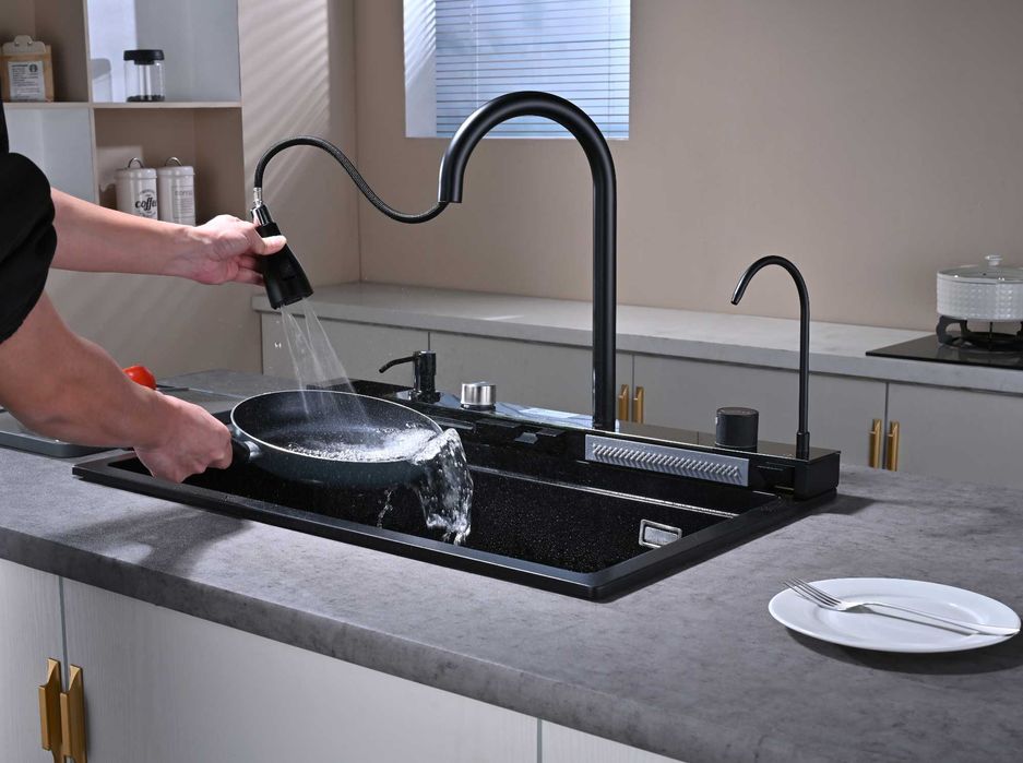 Черна гранитна мултифункционална кухненска мивка с двоен водопад