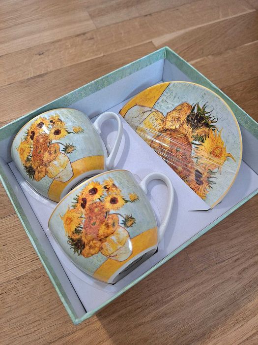 Комплект 2 чаши и чинийки, Ван Гог-Слънчогледи, порцелан, многоцветен