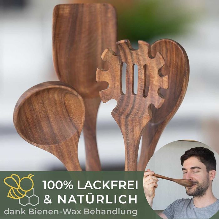 Комплект кухненски прибори WALDWERK от тиково дърво – 4 части с дървена стойка