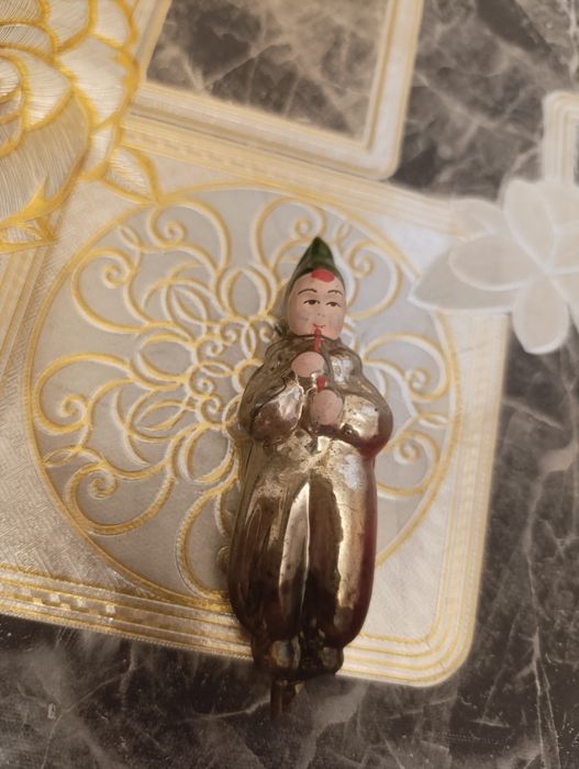 Старинная ёлочная игрушка клоун с дудочкой