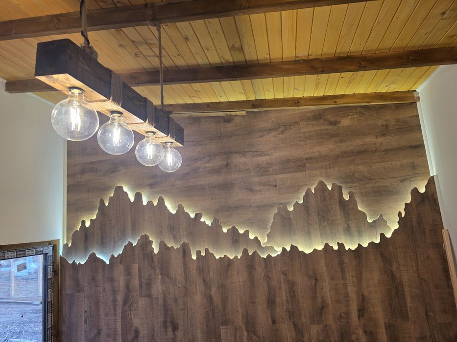 Ръчно изработен индустриален полилей от масивно дърво | LED Edison | Loft стил
