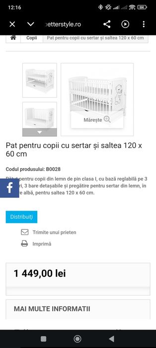 Patuț bebe cu saltea