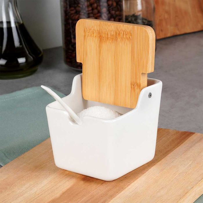 Керамична захарница с бамбуков капак и лъжичка 250 ml