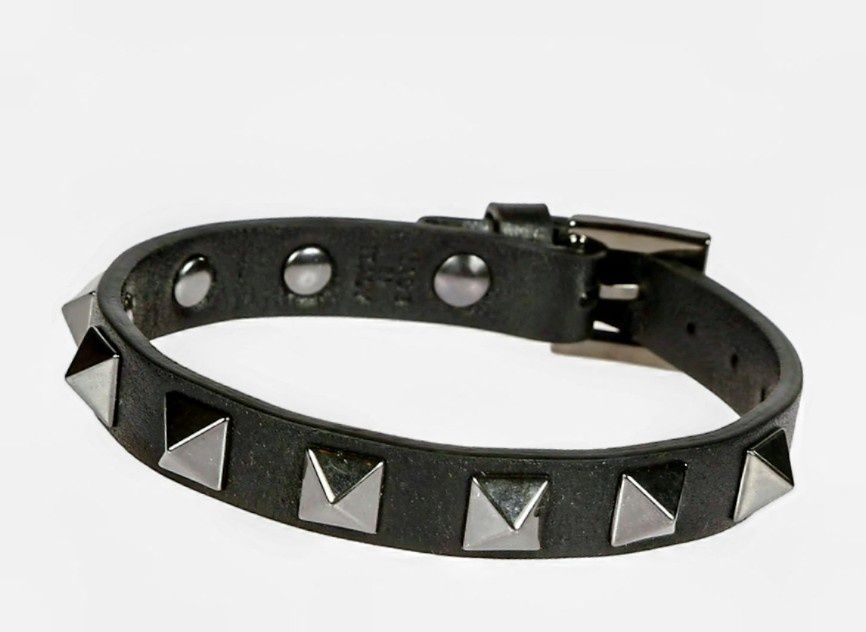 Valentino кожена гривна - Valentino Garavani Rockstud Leather and Ruthenium Bracelet - Black