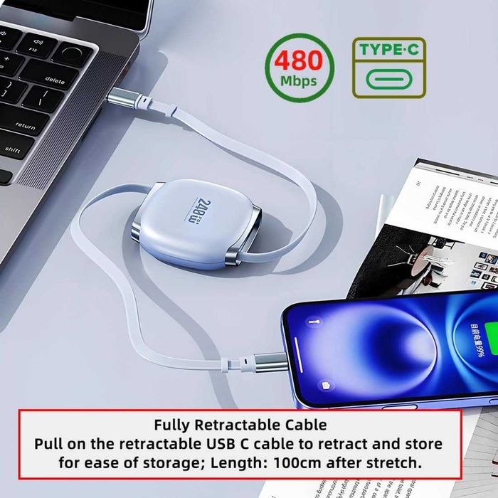 Кабель Chenyang USB-C на USB-C выдвижной, быстрая зарядка PD 240W