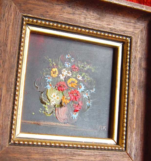 cadou rar Still Life Flowers tablou mic ulei, semnat 11x11 cm