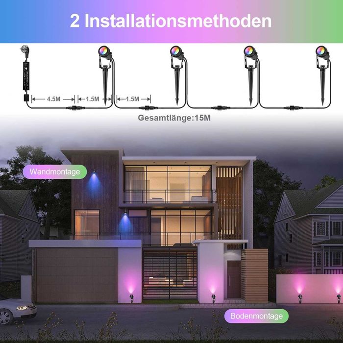 LED градинско осветление RGB – комплект 4 прожектора, 15 м