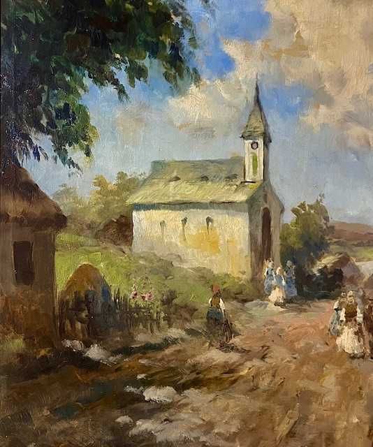 "Sat transilvan" SUPERB! Tablou VECHI, ulei/panza, semnat 80x60cm+Rama